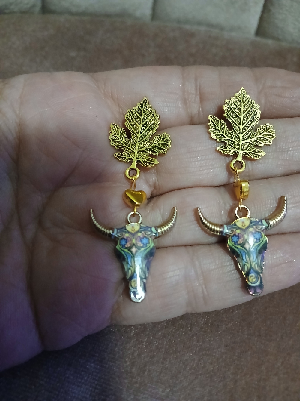 Gold Leaf and Multicolor Bull Skull Drop Earrings - Women Jewelry